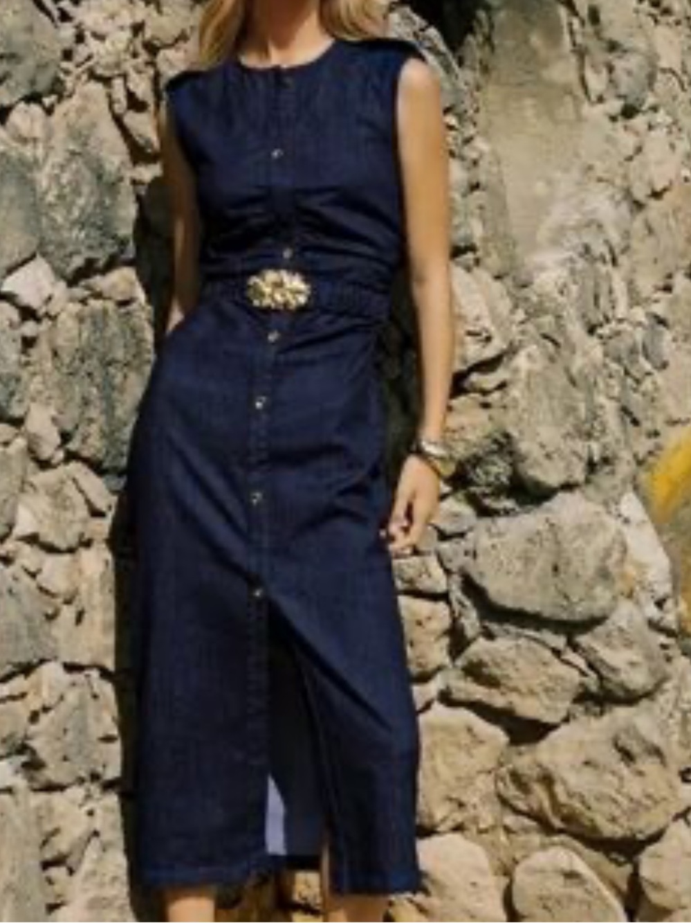 Zara Denim Dress Belted button front gold Coutry chic western blue Jean